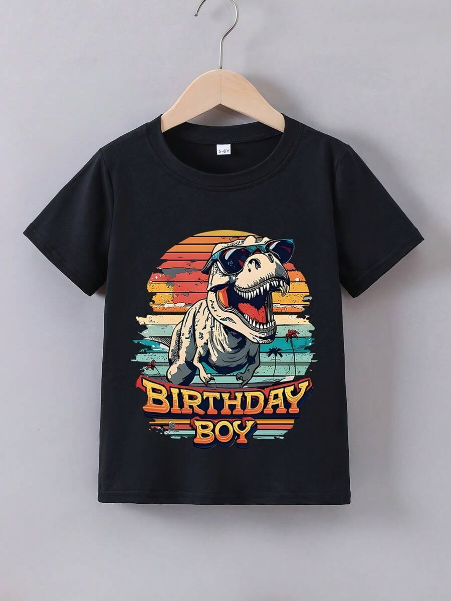 Boys' Summer Short Sleeve "Birthday Boy" Dinosaur Graphic T-Shirt - Red Casual Polyester Tee with Fun Cartoon Print for Youngsters, Boys T Shirts - Negro - Ver 1