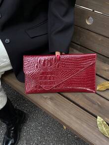 Bolsa envelope minimalista com aba e estampa de crocodilo em cor sólida, em PU moderno e casual - Borgonha - Ver 4