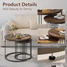 Nesting Coffee Table, 23.6" Round Coffee Table Set Of 2, Wooden Nesting Table With Metal Frame, Ceter Tables For Living Room Bedroom Balcony - Brown - View 5