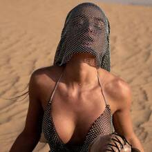 1 Pc New Mesh Sparkling Diamond Fishing Net Scarf Headscarf Two Wearing Personalized Scarf - Black - View 5