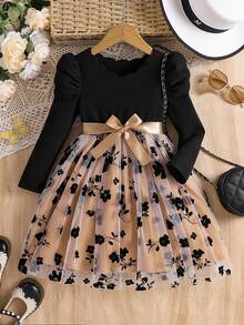 Vestito da ragazza con scollo a V, maniche a palloncino, patch in rete, con cintura, adatto per esibizioni scolastiche, feste di compleanno, uso quotidiano, autunno