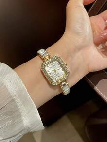 1 pieza Reloj de cuarzo cuadrado de moda súper brillante y elegante para mujeres, adecuado para uso diario, cumpleaños, aniversario - Unitalla - Ver 8