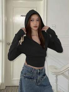 时尚长袖连帽 V 领拉链修身上衣 - 黑色 - 查看 3