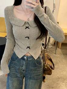 复古美式时尚蝴蝶结领长袖T恤，女士短款修身休闲T恤，2025秋季款 - 卡其色 - 查看 4