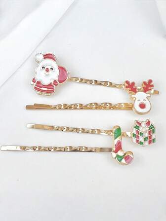 1 Set/4 Pieces New Creative Christmas Santa Claus Elk Gift Candy Cane Hairpin Hairpin Side Clip Hair Ornament Headdress, Claw Clips