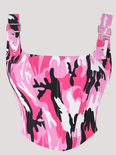 全新粉色塑身吊带背心，经典涂鸦时尚细肩带紧身女士文胸上衣，细肩带露背紧身胸衣，适合化装舞会