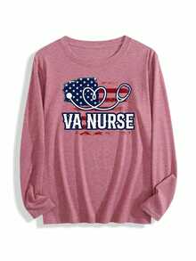 VA Nurse  Heart-Shaped Stethoscope On American Flag Background Womens Long-Sleeve Crewneck T-Shirt - 珊瑚粉 - 查看 1