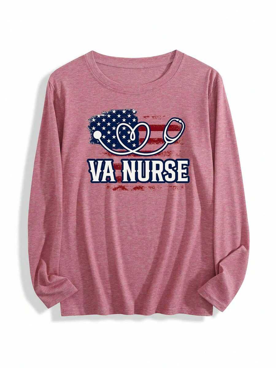 VA Nurse  Heart-Shaped Stethoscope On American Flag Background Womens Long-Sleeve Crewneck T-Shirt - 珊瑚粉 - 查看 1