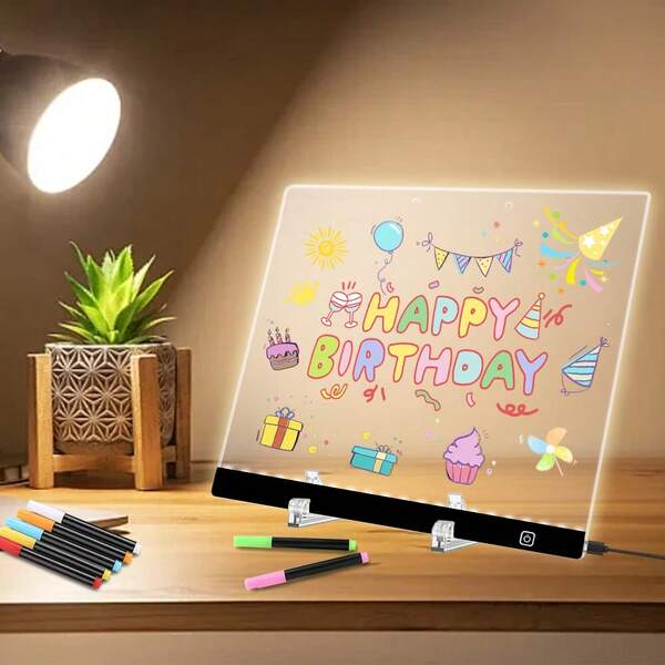 Acrylic Dry Erase Board With LED Lights - 13.77 "X9.84" Illuminated Graffiti Board, Illuminated Message Marker Board With Stand And 7 Markers With Hooks, Cleaning Cloth For Office, School, Home