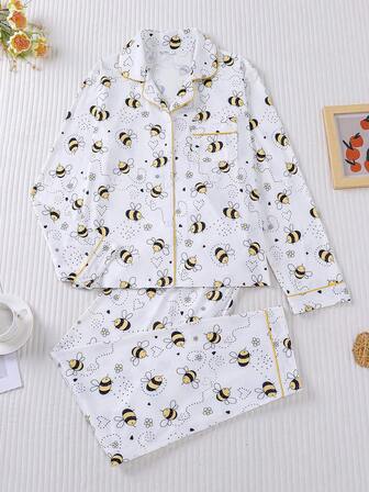 两件套休闲可爱卡通蜜蜂印花女士睡衣套装，秋冬季长袖翻领上衣搭配松紧腰宽松长裤，舒适睡衣家居服套装