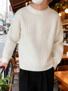 新款秋冬男士美式英伦风格小众设计粗针织毛衣，休闲宽松圆领套头衫 - 白色 - 查看 4