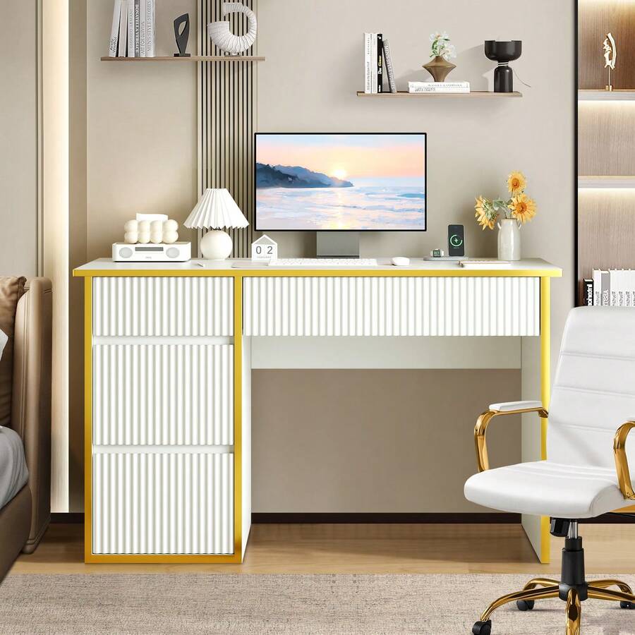 47 Inch Home Office Desk With 4 Drawers, Computer Desk With Golden Border, Modern Executive Desk With Hidden Handle Design, Vanity Study Writing Table For Bedroom, White/ Black