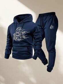 Men's Two-Piece Suit, Casual Round Neck Long-Sleeved Hooded Sweatshirt And Sweatpants Set, Suitable For Winter And Autumn, Sportswear Set, Pattern, Sweater Hoodie, Sweatshirt, Halloween, Jogging Pants, Pants, Hoodie, Sweatpants, Jogging Pants - 海軍藍 - 查看 13