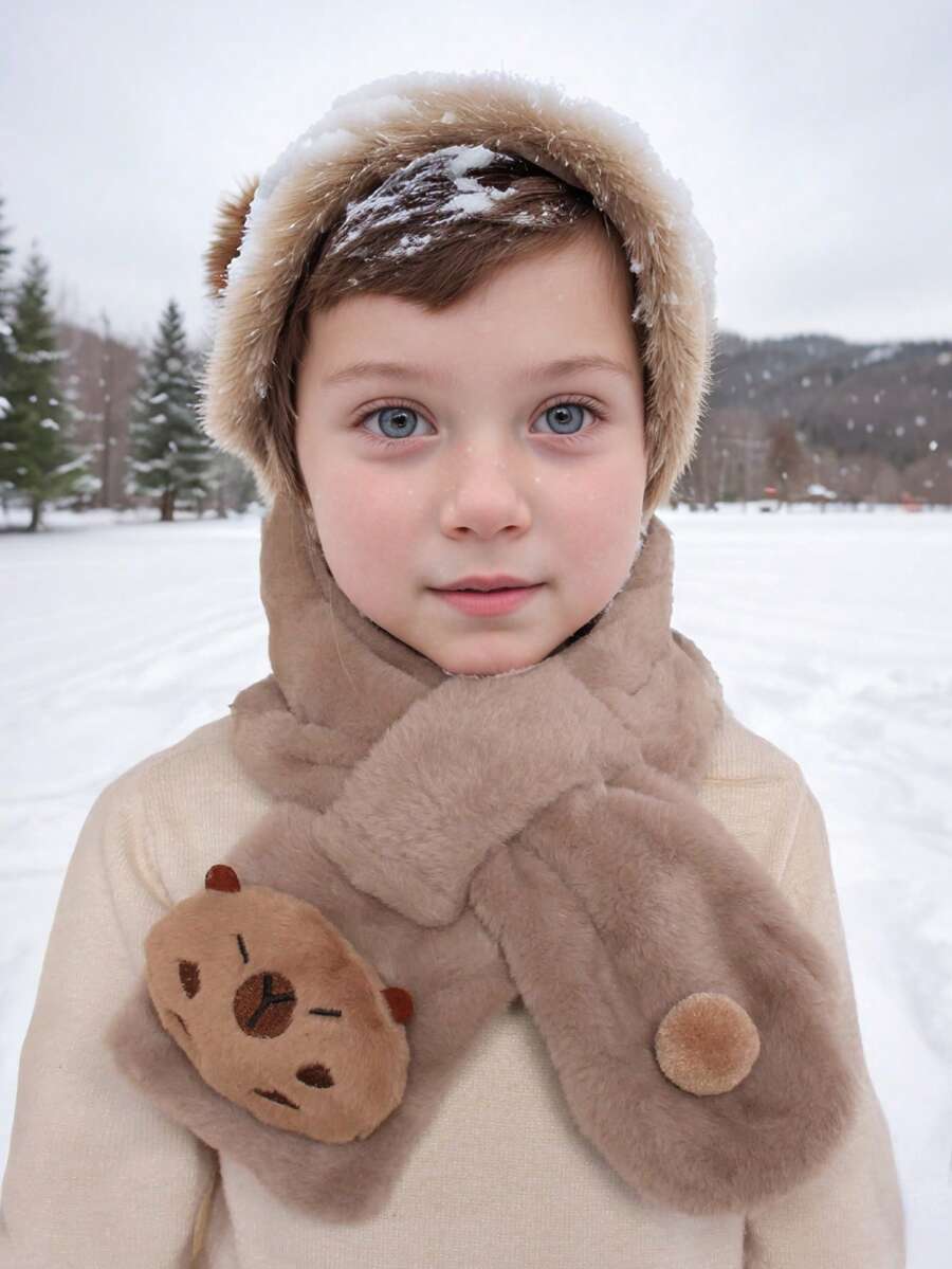 1pc Kids Plush Cute Cartoon Bear Scarf, Warm Thick Faux Fur Neck Warmer For Autumn/Winter - 1pc - View 1