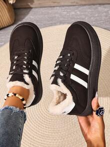 1 Pair Korean Style Fashion Sports Boots, Women's Winter Snow Boots, PU Low-Top Striped Design, Waterproof, Cold-Resistant, Wear-Resistant Outdoor Snow Boots