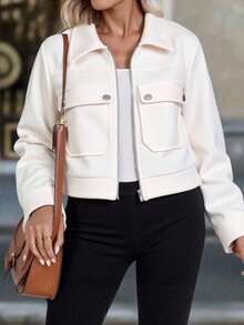 Chamarra invierno dama mujer corte corto tejido polar cuadros textura suave caliente calientito cierre manga larga cuello camisero recto casual día noche festival comida cena calle otoño invierno - Blanco - Ver 2