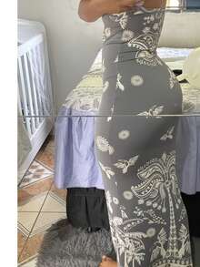 Women's Long Midi Dress Strapless Tropical Summer - Grey - View 2