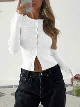 1 件纯色针织纽扣罗纹长袖开衫，适合约会、节日、日常、生日派对、单身派对、旅行、机场、初秋