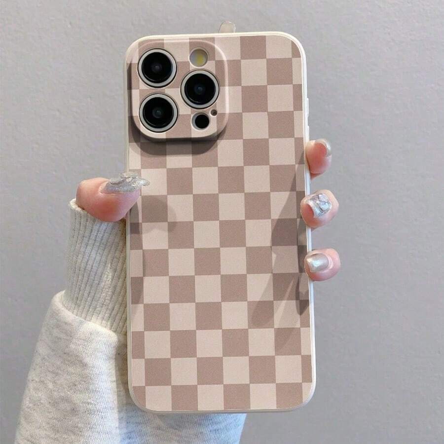 Brown Beige Checkered Pattern Background Texture Element Design Slim TPU White IPhone Case For IPhone X/XS/11/12/13/14/15/16 Pro - Soft TPU Shell With Camera Protection,Durable & Full Protection - Perfect Gift For Him/Her - 白色 - 查看 1