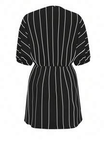 女式夏季纯色休闲V领中袖宽松优雅连衣裙 - 黑色 - 查看 3