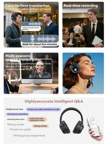 AI Translation Wireless Headphones With Magnetic Movable LCD Touch Screen, Foldable&Retractable Translator Headphones Headset Real Time 115 Language, BT6.0, Control Phone Photo Taking, Flashlight, Alarm Setting, Voice Recording, Support AUX Wired Connection, Suitable For Meeting, Studying, Travelling, Etc. - 黑色 - 查看 4
