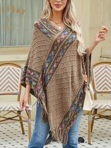 1 Áo choàng Poncho thanh lịch dành cho nữ, Khăn choàng tua rua rỗng đan màu trơn, Áo khoác ngoài ấm áp chất lượng cao, Áo len choàng đa năng mới, Thích hợp mặc hàng ngày cho váy - Màu Khaki - Xem 3