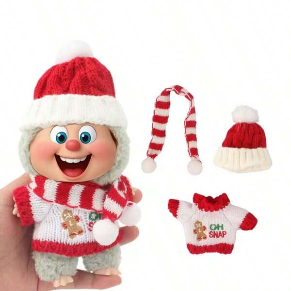 3pcs Christmas Series Outfit Set, Suitable For 17cm Doll (Clothes Only), Holiday Doll Dress, Doll Accessories, Knitted Design, Comfortable Doll Wear, Soft Fabric, Handmade Doll Clothes, Doll Sweater Set, Doll Scarf And Hat, Doll Collector