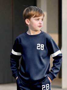 2pcs/Set Tween Boy Casual Printed Sweatshirt And Pants Set, Spring/Autumn - Navy Blue - View 3