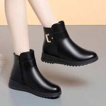 Autumn/Winter Thermal Lined Ankle Boots, Non-Slip Mother Shoes, Flat Heel Mid-Calf Warm Black Boots - Black - View 3