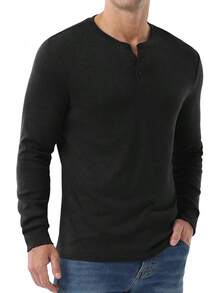 Men's Henley Long Sleeve Casual Classic Button Pullover Tee - Styles - 黑色 - 查看 3