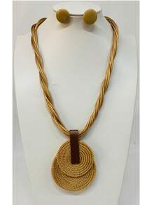 Braided Wire Necklace Set With Double Pendant + Resin Button Earrings – Sophistication In Every Detail. - Beige - View 1