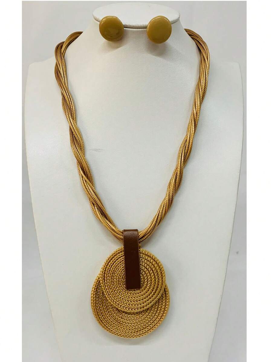 Braided Wire Necklace Set With Double Pendant + Resin Button Earrings – Sophistication In Every Detail. - Beige - View 1
