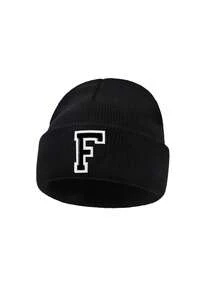 1 pieza Gorro de punto para niños con patrón de 26 letras, gorros de punto de unicolor, sombreros para niñas, gorros cálidos para exteriores, otoño/invierno - Negro - Ver 9