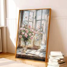 1 pièce Peinture sur canevas suspendue, peinture décorative montée, affiche, peinture murale, peinture à l'huile de rose rose et de rebord de fenêtre, décoration de chambre de fille, peinture murale de fleurs de printemps, décoration de salon esthétique, peinture de fleurs roses, décoration d'arrangement de plantes, décoration de thème de printemps, décoration de maison de printemps. Art mural sur canevas, art de fille funky, art de citation inspirante, décoration intérieure.