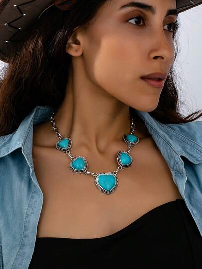 1 Stück Vintage Western Stil Türkis Herz Anhänger Halskette, geeignet für den täglichen und Urlaubsgebrauch von Frauen