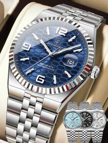 POEDAGAR 1pc Fashionable Stainless Steel Quartz Men's Wristwatch, Unique Textured Round Dial, Casual Waterproof Luminous Men's Watch, Luxury Men's Watch Suitable For Business Occasions, Men's Holiday Gift