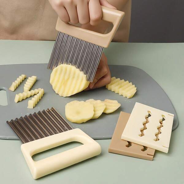 1 pieza Cortador de patatas con cubierta protectora, cuchillo de patatas con dientes de lobo de acero inoxidable para uso en cocina, rebanador manual para frutas frescas, verduras, ensaladas, zanahorias, patatas, papas fritas - Perfecto para cocinas del hogar