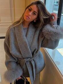 Elegant Temperament, Solid Color Lace Up Splicing, Hairy Cuffs, Woolen Coat For Women, 2025 European And American Style Summer New Item - Grey - View 4