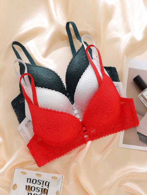 Sutiã feminino sexy francês de luxo, 3 peças, bojo BC, push up, decote profundo, confortável, cor sólida, lingerie de renda