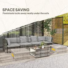 Outsunny 7 Pieces PE Rattan Garden Sofa Set Patio Furniture Set With Glass Table, Stools, Cushions, Pillows, For Outdoor Balcony, Mixed Grey - Grey - View 3