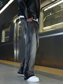 男士拼布微喇叭牛仔裤，紧身破洞喇叭裤，Y2K 叠层水洗刺绣牛仔裤，百搭四季皆宜