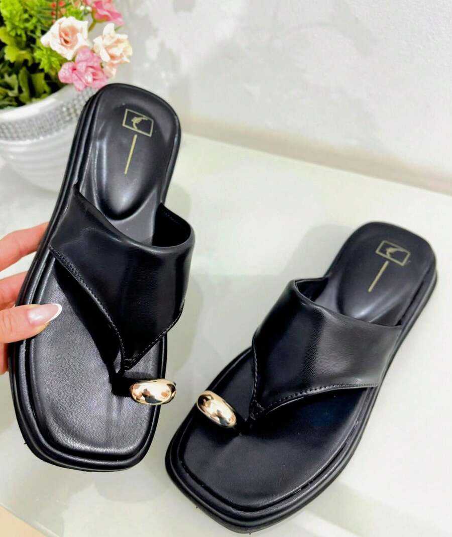 Women's Flip-Flop Sandals, Casual Beach, Metal, Holiday, Spring Launch - 黑色 - 查看 1