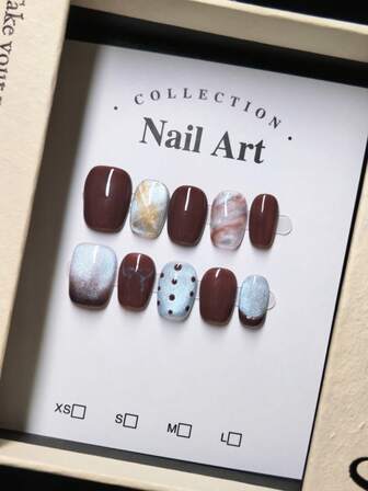 1 包/10 件纯手工秋季按压指甲，棕色指甲，优雅按压指甲套装，带闪光蓝色猫眼晕染效果、波尔卡圆点和格子设计 | 秋冬假日假指甲，适合派对和送礼