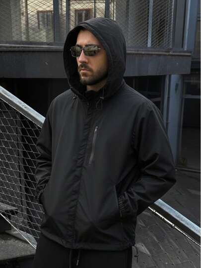 1pc Men's Zip Decor Hooded Jacket, Suitable For Casual Daily And Light Outdoor Wear, Autumn/Winter Outerwear