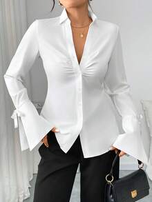 Áo kiểu nữ đơn giản, màu trơn, tay bồng, thích hợp mặc đi làm hoặc dạo phố, màu trắng, mùa xuân/thu. - trắng - Xem 3