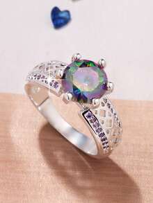 1pc Elegant Multi-Color Square Band Design Round CZ Stone Ring, Versatile Men Women Engagement Wedding Ring, Valentine's Day Gift,Mom,Mother,Mother's Day,Gift