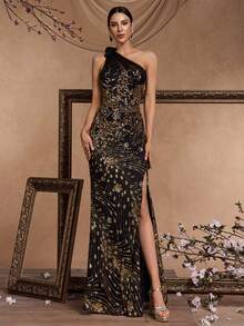 BluePlum Vestido de noche de lujo con bordado de flor de ciruela azul, vestido de fiesta de dama con lentejuelas, sirena de un hombro, tubo de malla con parche fruncido sin mangas, vestido de baile con abertura alta, espalda descubierta, sexy, banquete, vestido largo y glamoroso para fiesta y cóctel para mujer