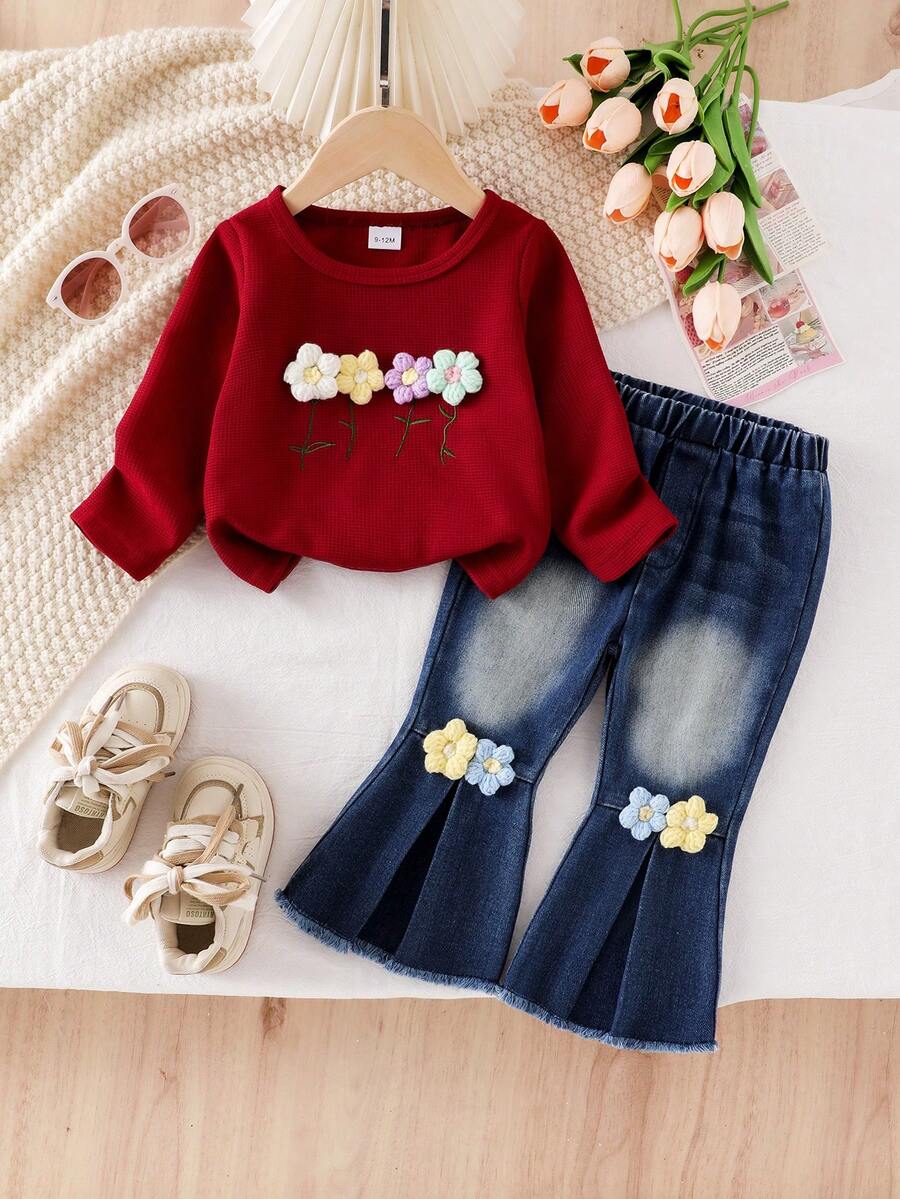 2pcs/Set Baby Girl Bohemian Style Outfit, Includes Floral Decor Round Neck Long Sleeve T-Shirt Top And Floral Embellished Flared Denim Pants - Burgundy - View 1
