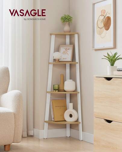 VASAGLE Corner Shelf Stand, 4-Tier Corner Bookshelf, Industrial Ladder Shelf, Plant Stand For Living Room, Office, Kitchen, Natural Oak And Matte White
