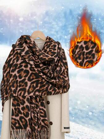 1 st leopardmönstrad kashmirhalsduk för kvinnor, höst/vinter ny varm halsduk/sjal med tofsar, bekväm för utomhusaktiviteter, enkel och mångsidig vardagskläder